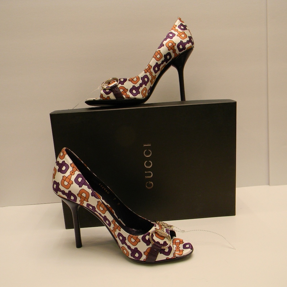 NEW RARE GUCCI GG Horsebit peeptoe pumps sz 7B